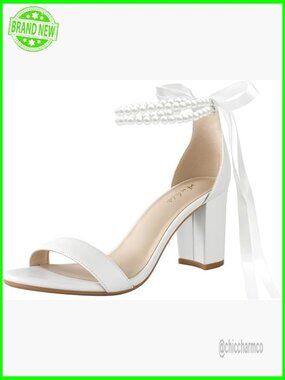 White Chunky Heel Pearl Bow Sandals for Bride Wedding